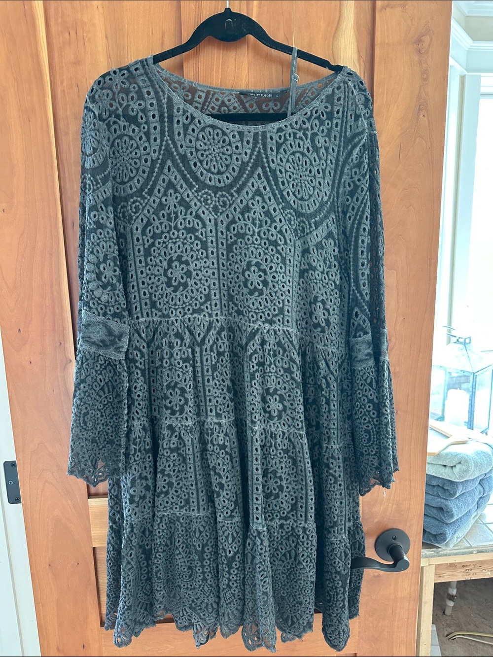 Lace Tiered Long-Sleeve Dress - Charcoal Gray- worn once